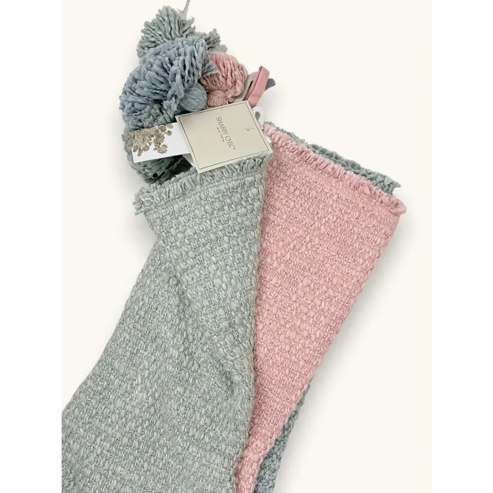 Shabby Chic Set of 3 Knit Christmas Stockings Pink Blue Sage Green NWT